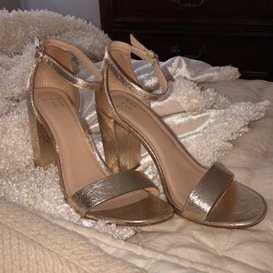 gold strappy block heels